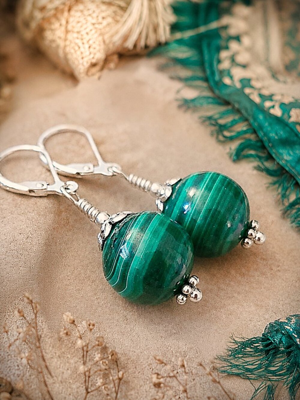 Natural Green Malachite Dangle Earrings Leverback Sterling Silver Gemstone